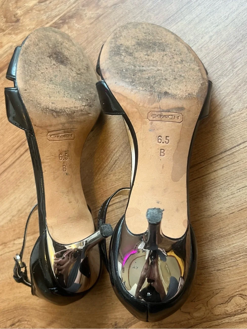 Vintage Coach Black Patent Leather T-Strap Heels with Silver Medallion